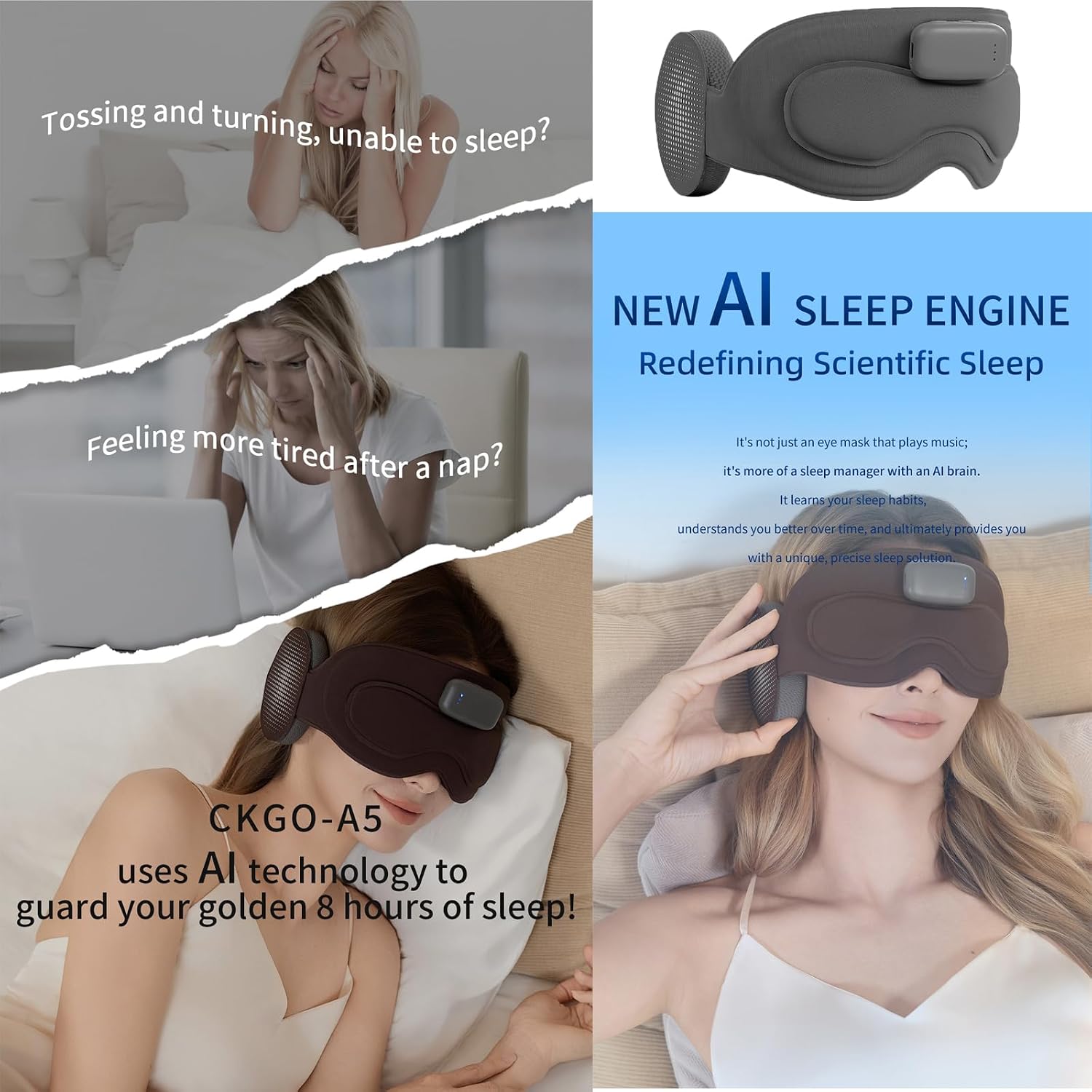 Meditation Eye Mask Sleep Mask with Meditation Music | Portable Sleep Headphones, Pressure-Free & Light Block-Out Eye Mask, One-Touch Operation via APP for Sleeping, Meditation & Travel (Gray)
