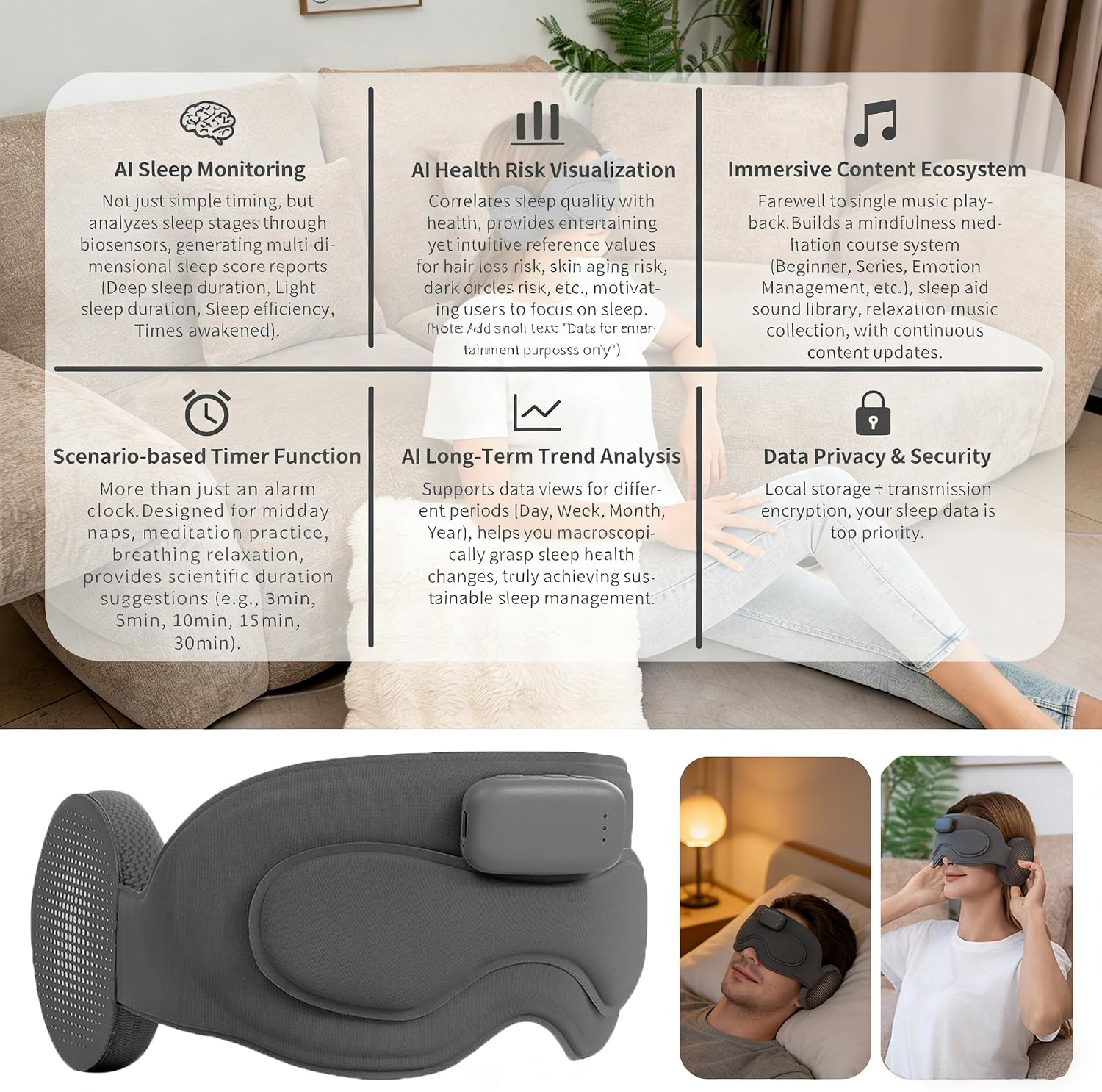 Meditation Eye Mask Sleep Mask with Meditation Music | Portable Sleep Headphones, Pressure-Free & Light Block-Out Eye Mask, One-Touch Operation via APP for Sleeping, Meditation & Travel (Gray)