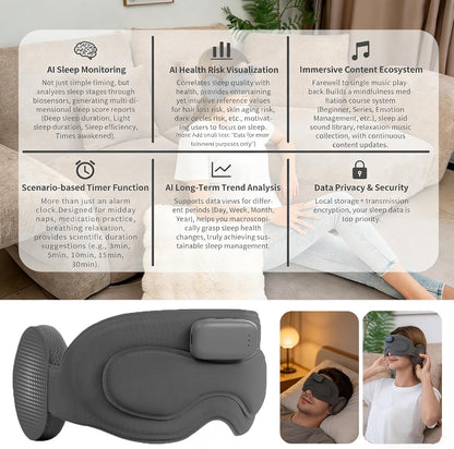 Meditation Eye Mask Sleep Mask with Meditation Music | Portable Sleep Headphones, Pressure-Free & Light Block-Out Eye Mask, One-Touch Operation via APP for Sleeping, Meditation & Travel (Gray)
